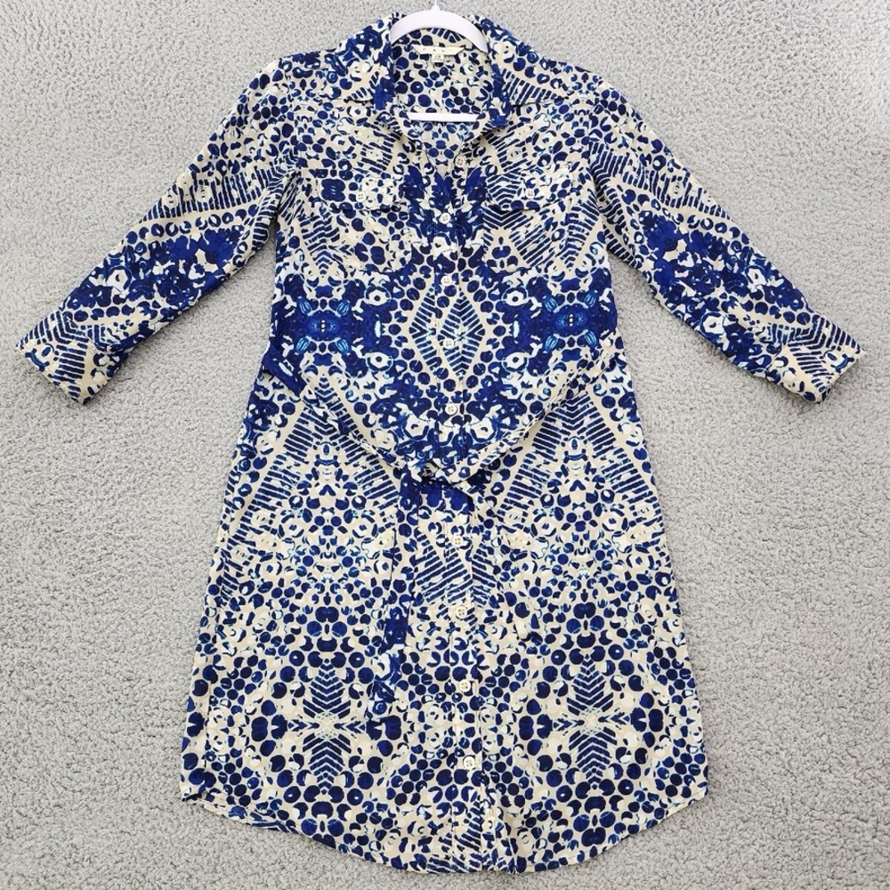 CAbi Shirt Dress Collared Button Front Blue Tan Boho Knee Length SMALL